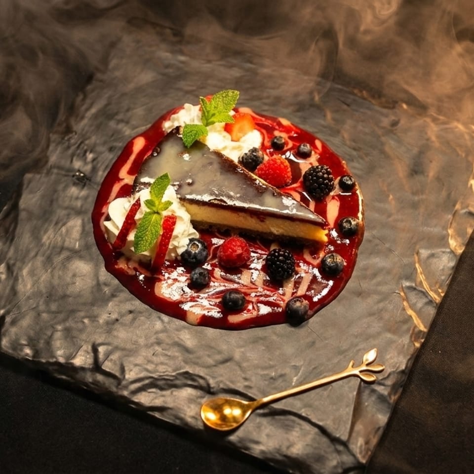 Cheesecake slice with berries, whipped cream, and mint on a dark plate with smoke.