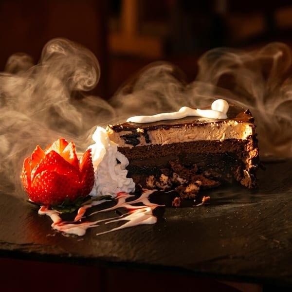 Decadent chocolate cake slice with whipped cream, carved strawberry, and smoke on a slate plate.